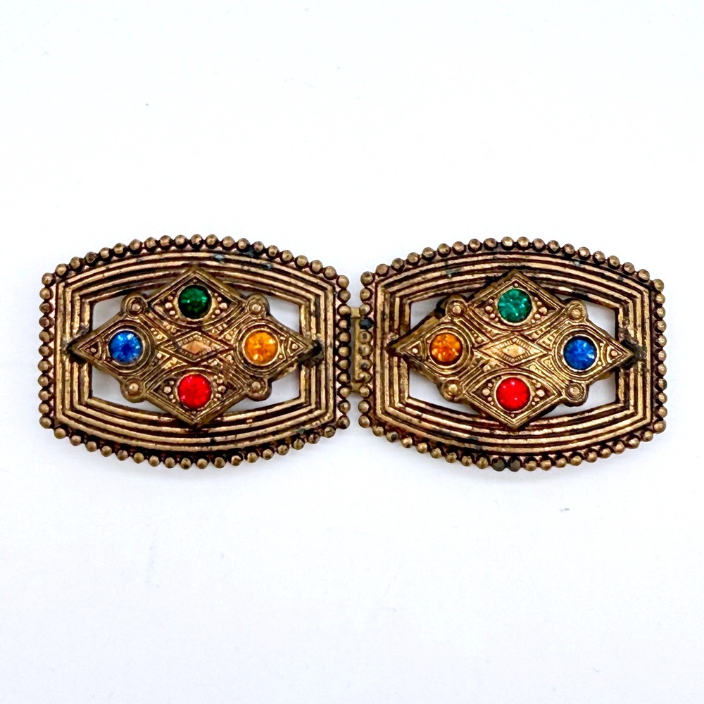 Vintage Art Deco Belt Buckle Set Pair Multicolor Glass Gold Tone Retro